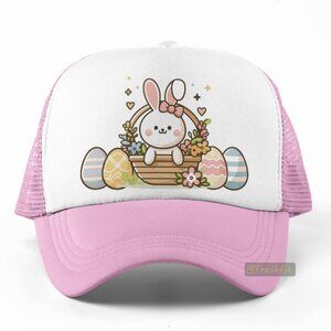 🆕Easter Bunny Basket Eggs Foam Trucker Hat Mesh Snapback Cap Pink/White